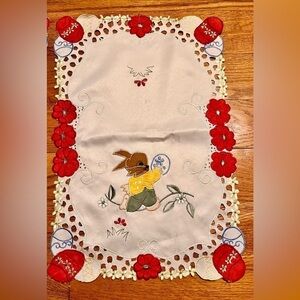 Set of 3 Vintage Easter Bunny Placemats Embroidered Battenburg Lace Cutwork Hobo